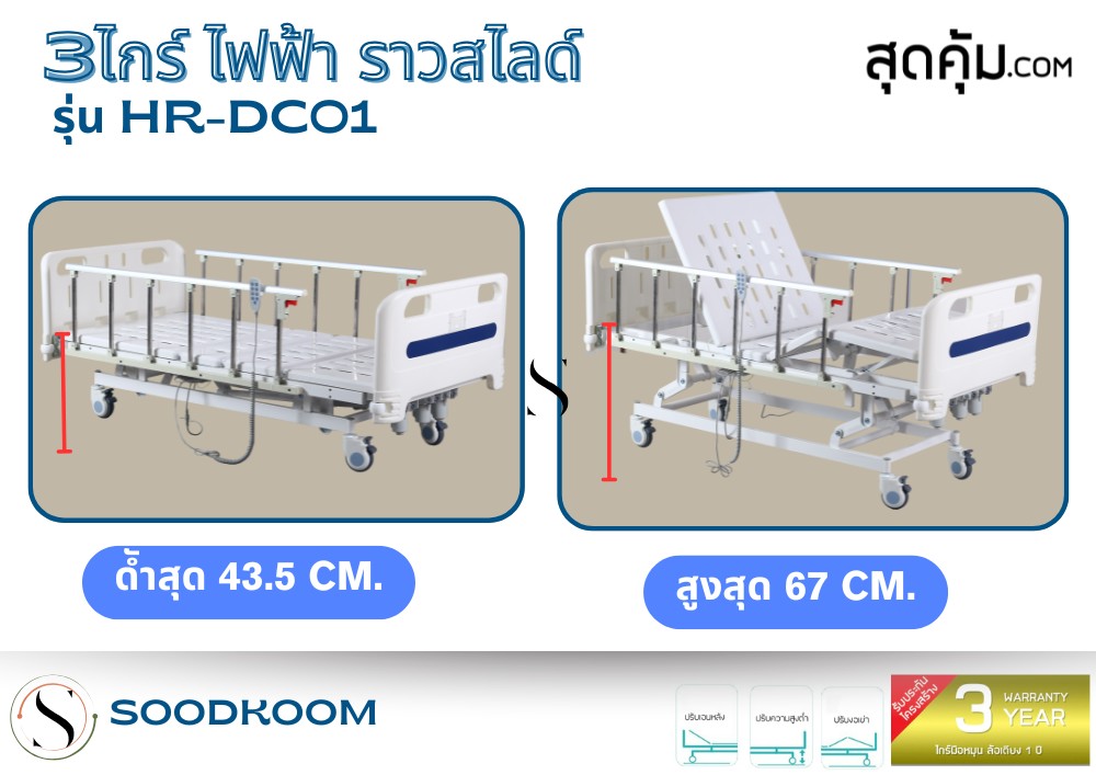 เตียงผู้ป่วยไฟฟ้า 3 ไกร์ ราวสไลด์ รุ่น HR-DC01
